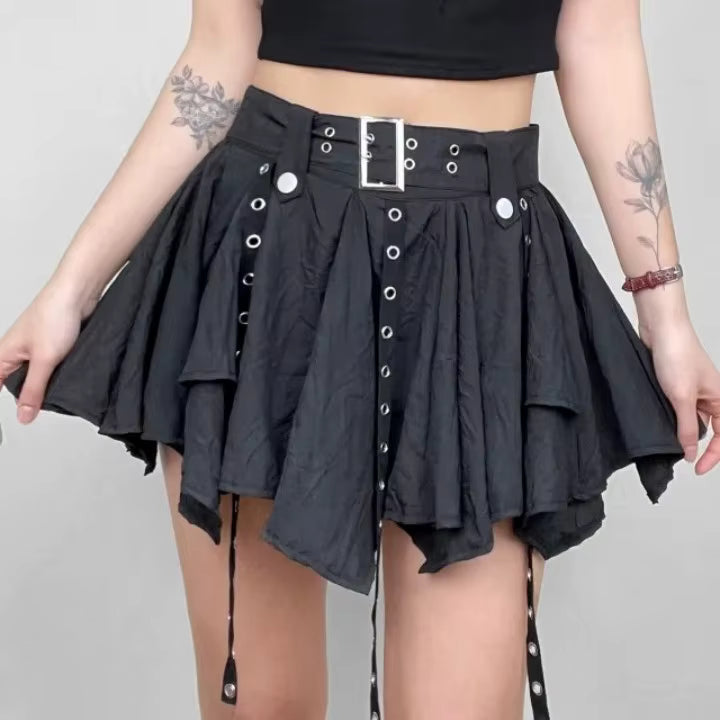 Trendy Crumpled Layer With Belt Strap Elastic Back Asymmetrical Mini Skirt Mssza