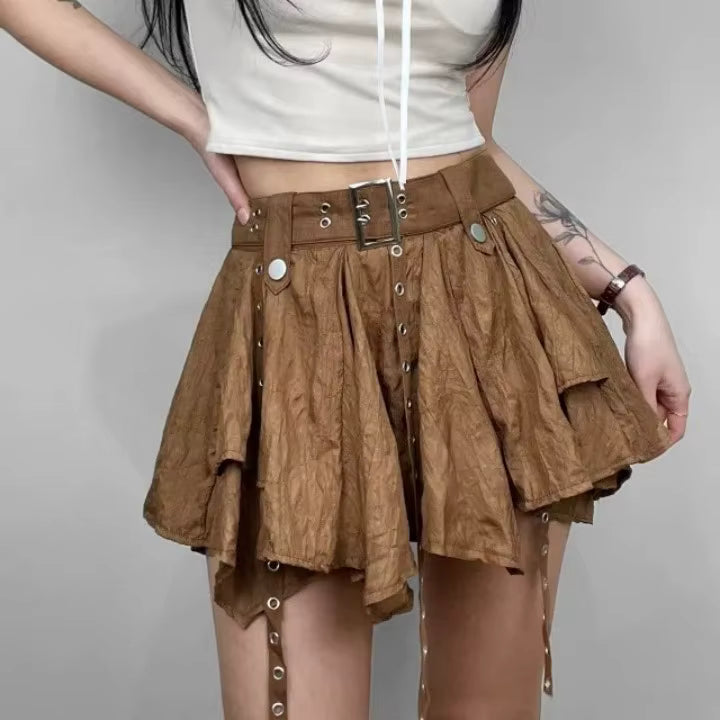 Trendy Crumpled Layer With Belt Strap Elastic Back Asymmetrical Mini Skirt Mssza