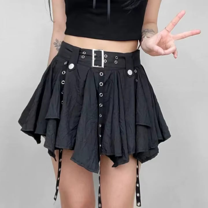 Trendy Crumpled Layer With Belt Strap Elastic Back Asymmetrical Mini Skirt Mssza