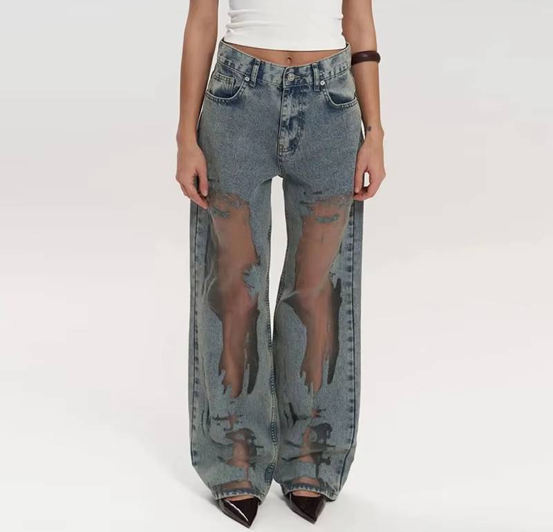 Trendy Distressed Ripped High Waist Straight Leg Gothic Baggy Jeans Streetwear Mssza