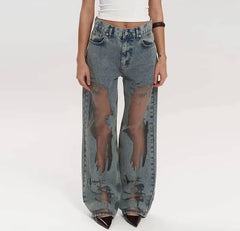 Trendy Distressed Ripped High Waist Straight Leg Gothic Baggy Jeans Streetwear Mssza