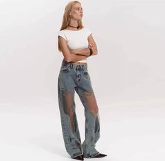 Trendy Distressed Ripped High Waist Straight Leg Gothic Baggy Jeans Streetwear Mssza