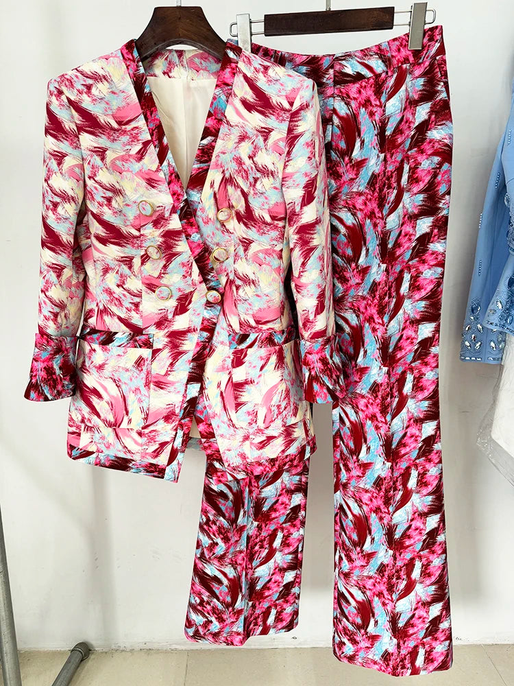 Trendy Double Breasted Sleeve Feather Printed Blazer Flare Pants Designer Suit Set Mssza