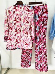 Trendy Double Breasted Sleeve Feather Printed Blazer Flare Pants Designer Suit Set Mssza