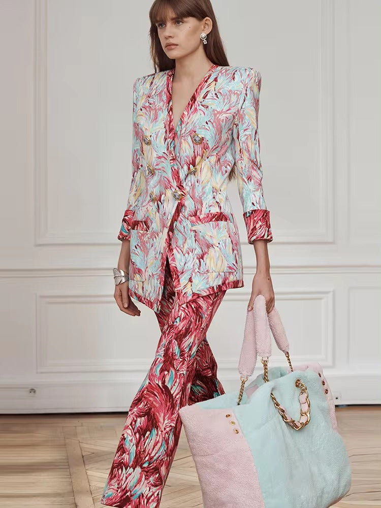 Trendy Double Breasted Sleeve Feather Printed Blazer Flare Pants Designer Suit Set Mssza