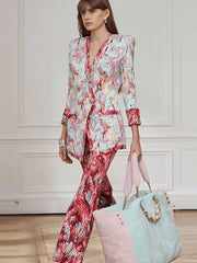Trendy Double Breasted Sleeve Feather Printed Blazer Flare Pants Designer Suit Set Mssza