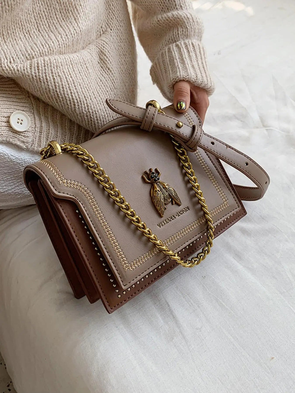 Trendy Flap Square Faux Leather Purse Stylish Chain Crossbody Bag Mssza