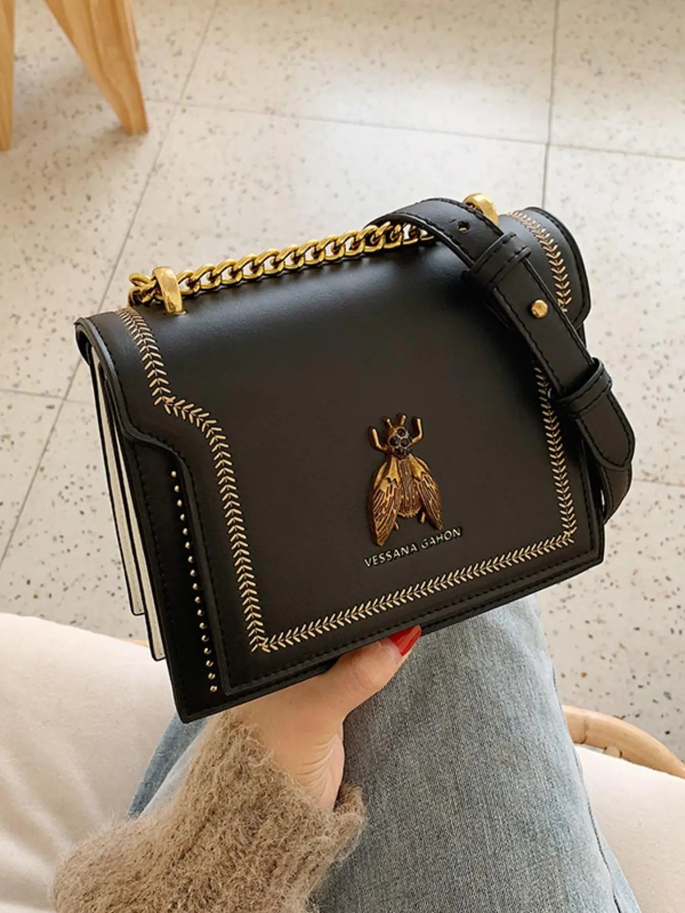 Trendy Flap Square Faux Leather Purse Stylish Chain Crossbody Bag Mssza