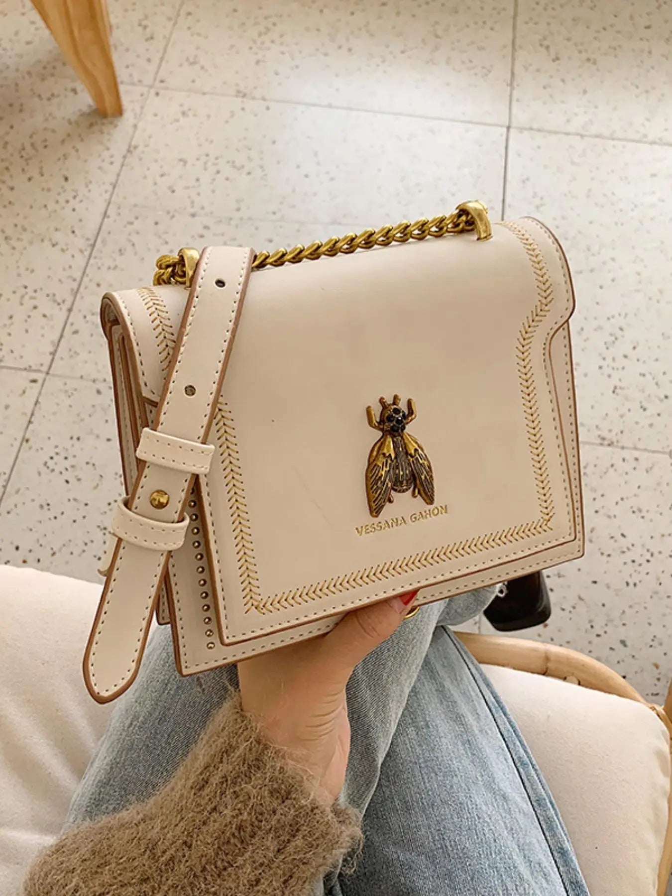 Trendy Flap Square Faux Leather Purse Stylish Chain Crossbody Bag Mssza