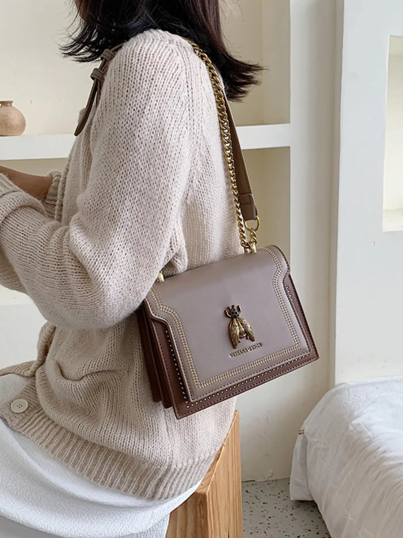 Trendy Flap Square Faux Leather Purse Stylish Chain Crossbody Bag Mssza