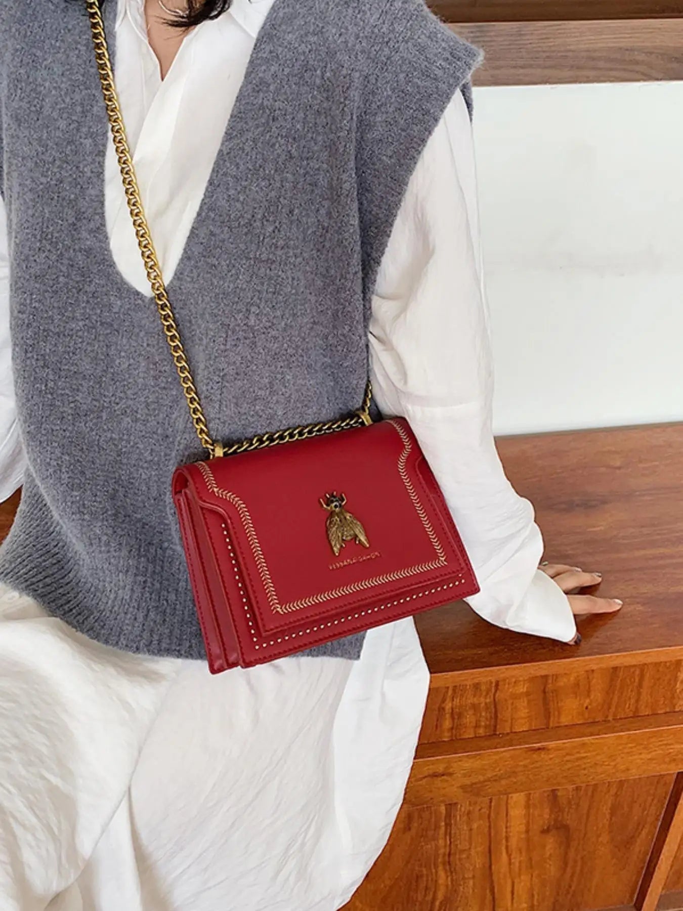 Trendy Flap Square Faux Leather Purse Stylish Chain Crossbody Bag Mssza