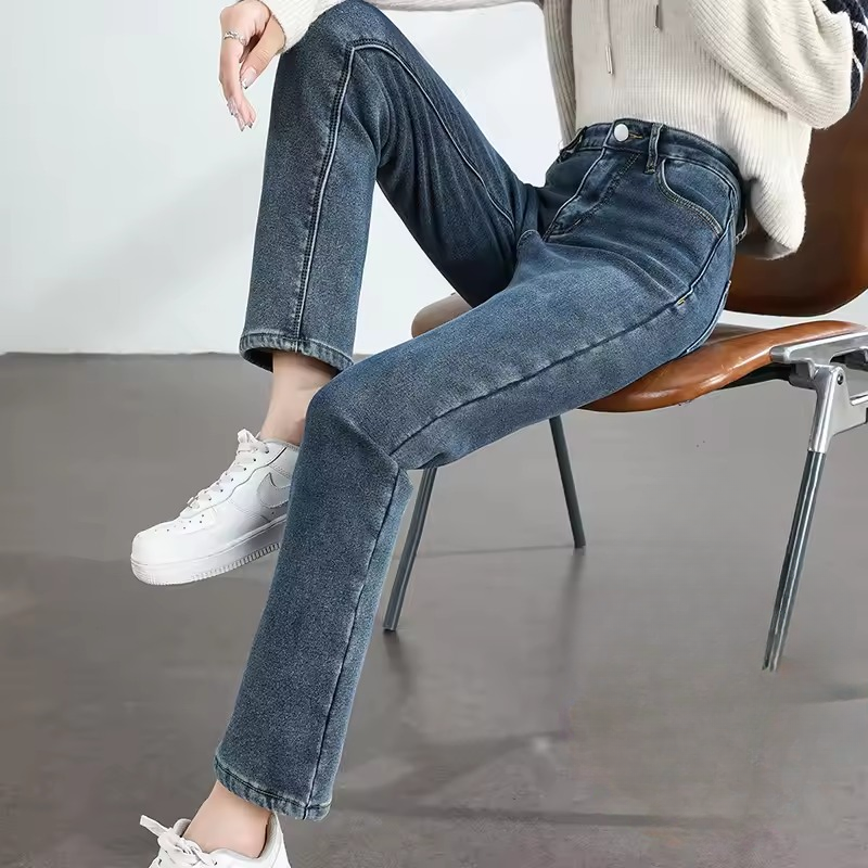 Trendy Fleece Elastic Cotton Thickened Warm Slim Straight Jeans Mssza
