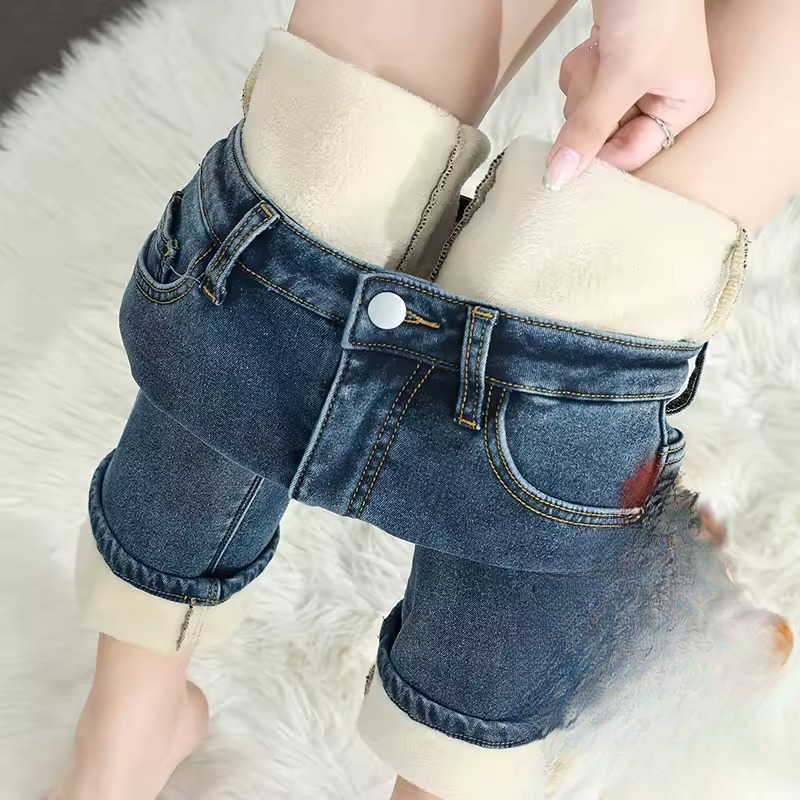 Trendy Fleece Elastic Cotton Thickened Warm Slim Straight Jeans Mssza