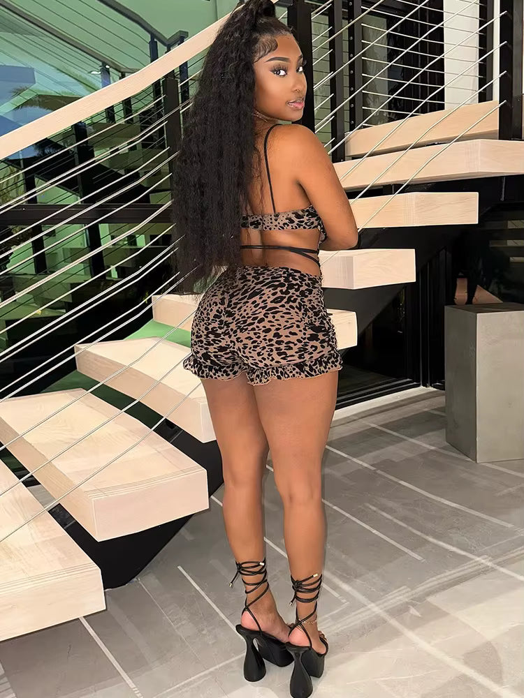 Trendy Flocking Leopard Print Backless V-Neck Tassel Workout Playsuits Mssza