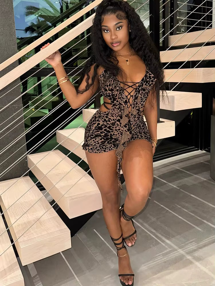 Trendy Flocking Leopard Print Backless V-Neck Tassel Workout Playsuits Mssza