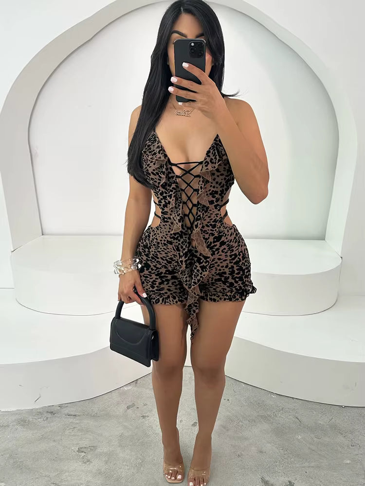 Trendy Flocking Leopard Print Backless V-Neck Tassel Workout Playsuits Mssza