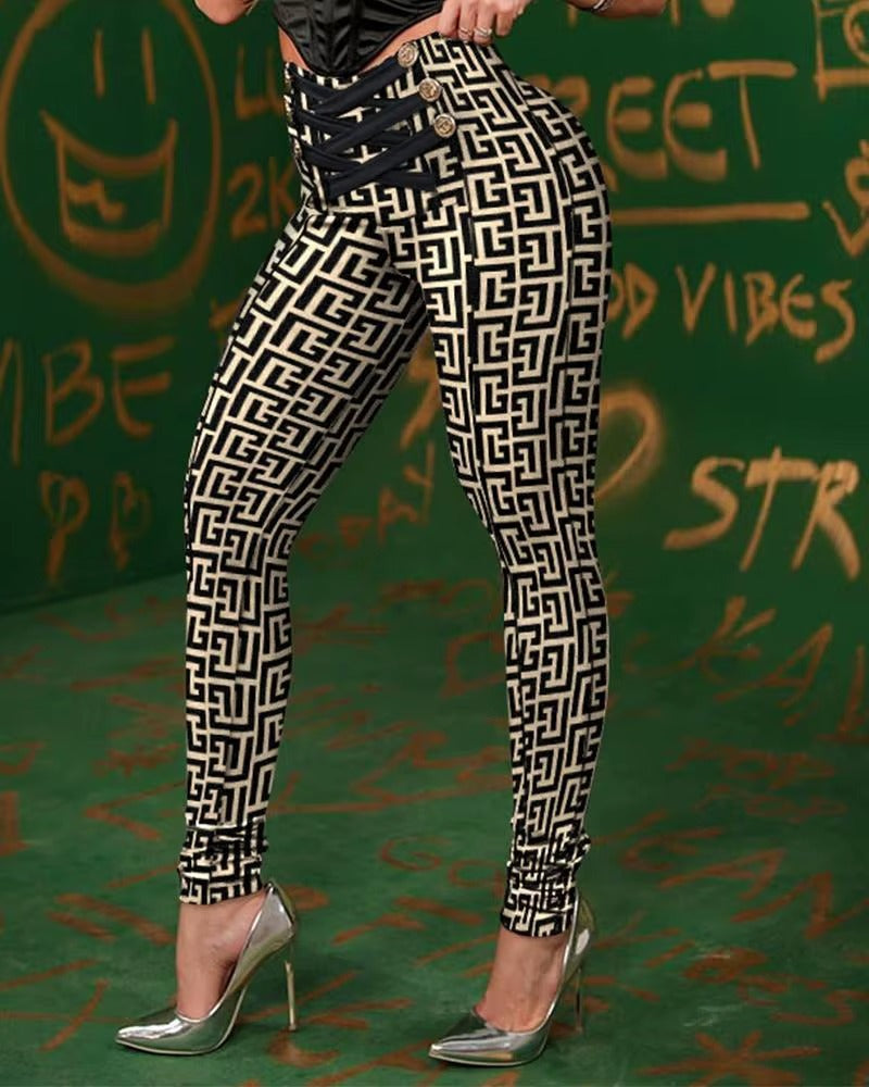 Trendy Geometric Print High Waist Butt Lift Skinny Pants Mssza