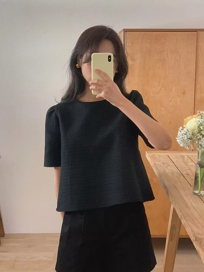 Trendy Half Sleeve O Neck Tweed Shirt Slim Corset Top Mssza