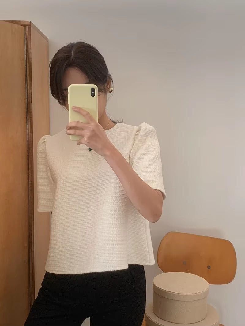 Trendy Half Sleeve O Neck Tweed Shirt Slim Corset Top Mssza