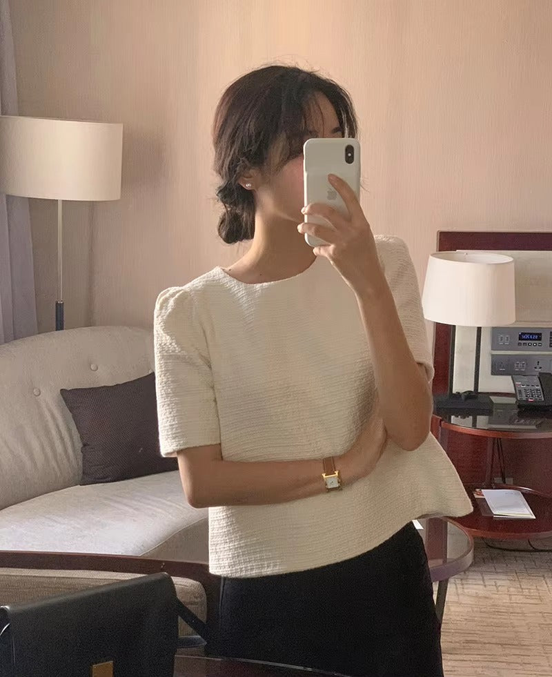 Trendy Half Sleeve O Neck Tweed Shirt Slim Corset Top Mssza