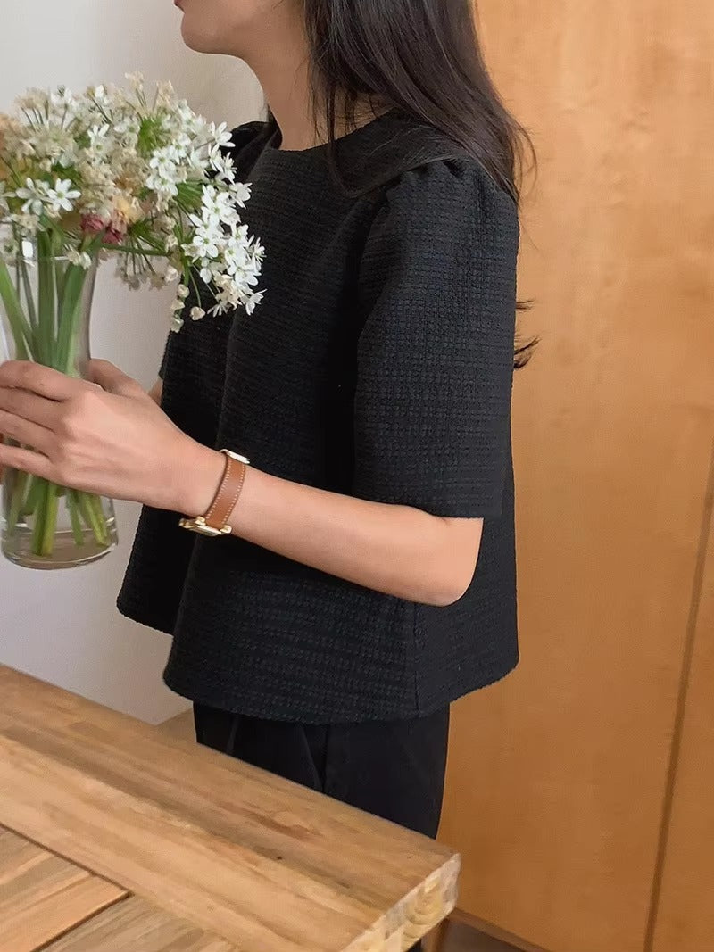 Trendy Half Sleeve O Neck Tweed Shirt Slim Corset Top Mssza