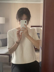 Trendy Half Sleeve O Neck Tweed Shirt Slim Corset Top Mssza