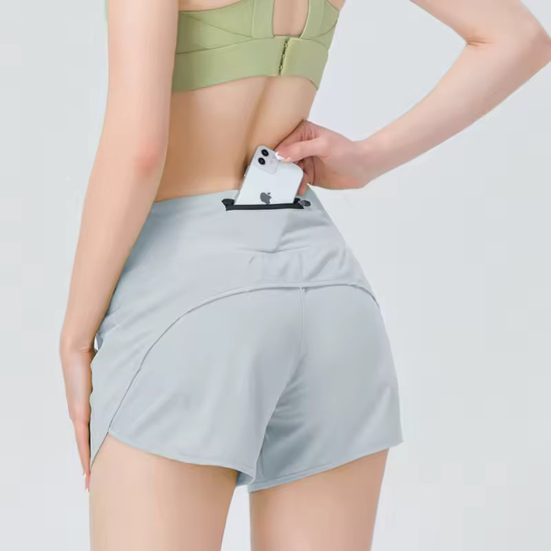 Trendy High Waist Butt With Rear Zipper Pocket Fake Two Pieces Yoga Shorts Mssza