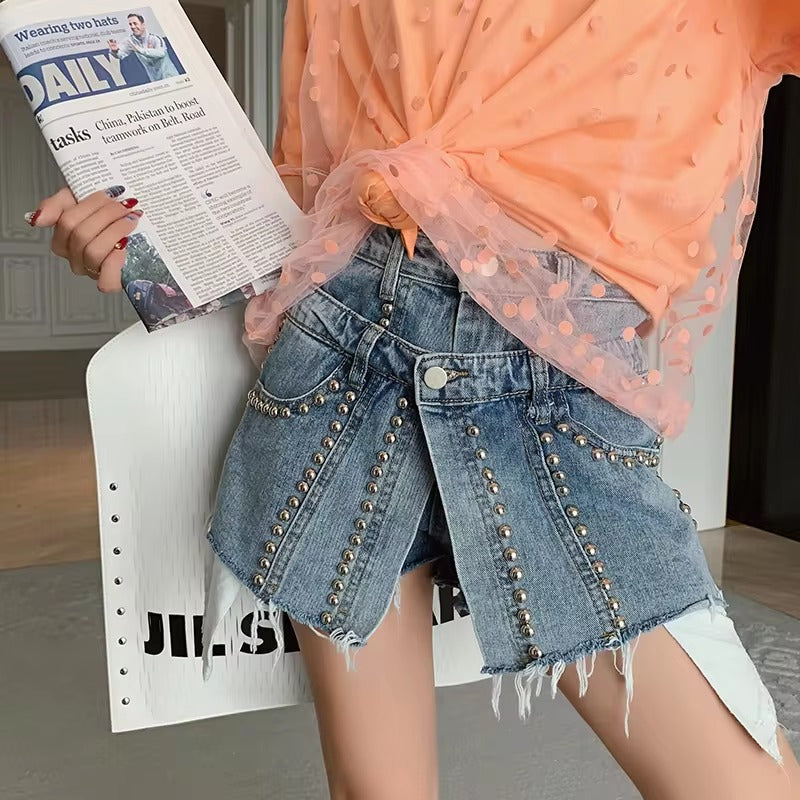 Trendy High Waist Fake Two Pcs Rivet Loose Wide Leg Short Mssza
