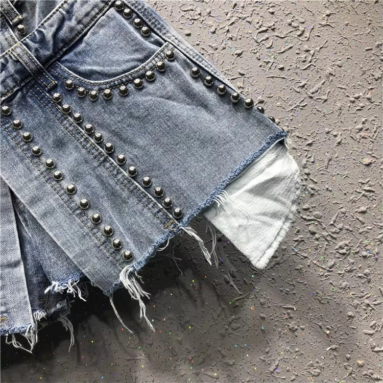 Trendy High Waist Fake Two Pcs Rivet Loose Wide Leg Short Mssza