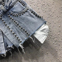 Trendy High Waist Fake Two Pcs Rivet Loose Wide Leg Short Mssza