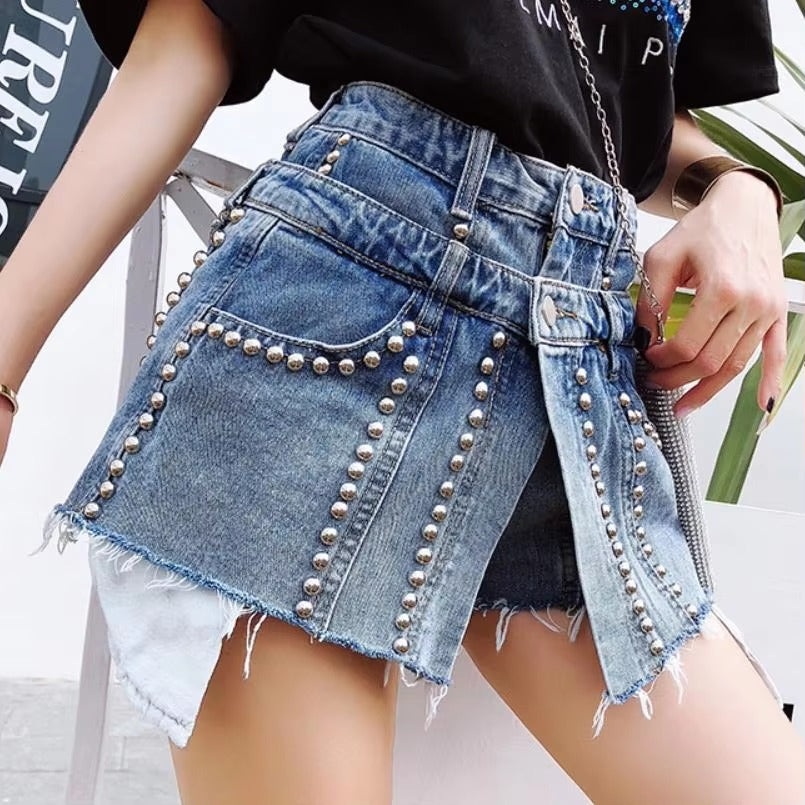 Trendy High Waist Fake Two Pcs Rivet Loose Wide Leg Short Mssza