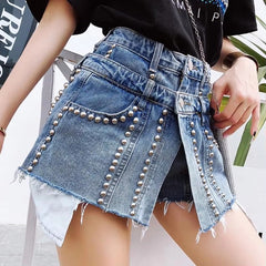 Trendy High Waist Fake Two Pcs Rivet Loose Wide Leg Short Mssza