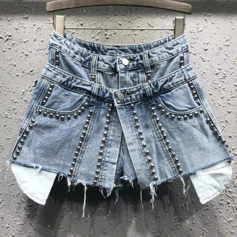 Trendy High Waist Fake Two Pcs Rivet Loose Wide Leg Short Mssza