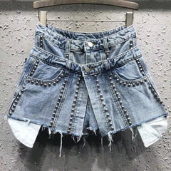 Trendy High Waist Fake Two Pcs Rivet Loose Wide Leg Short Mssza
