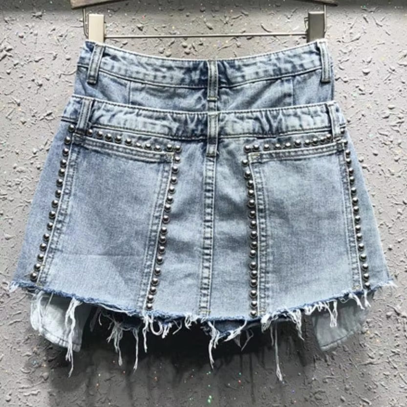 Trendy High Waist Fake Two Pcs Rivet Loose Wide Leg Short Mssza