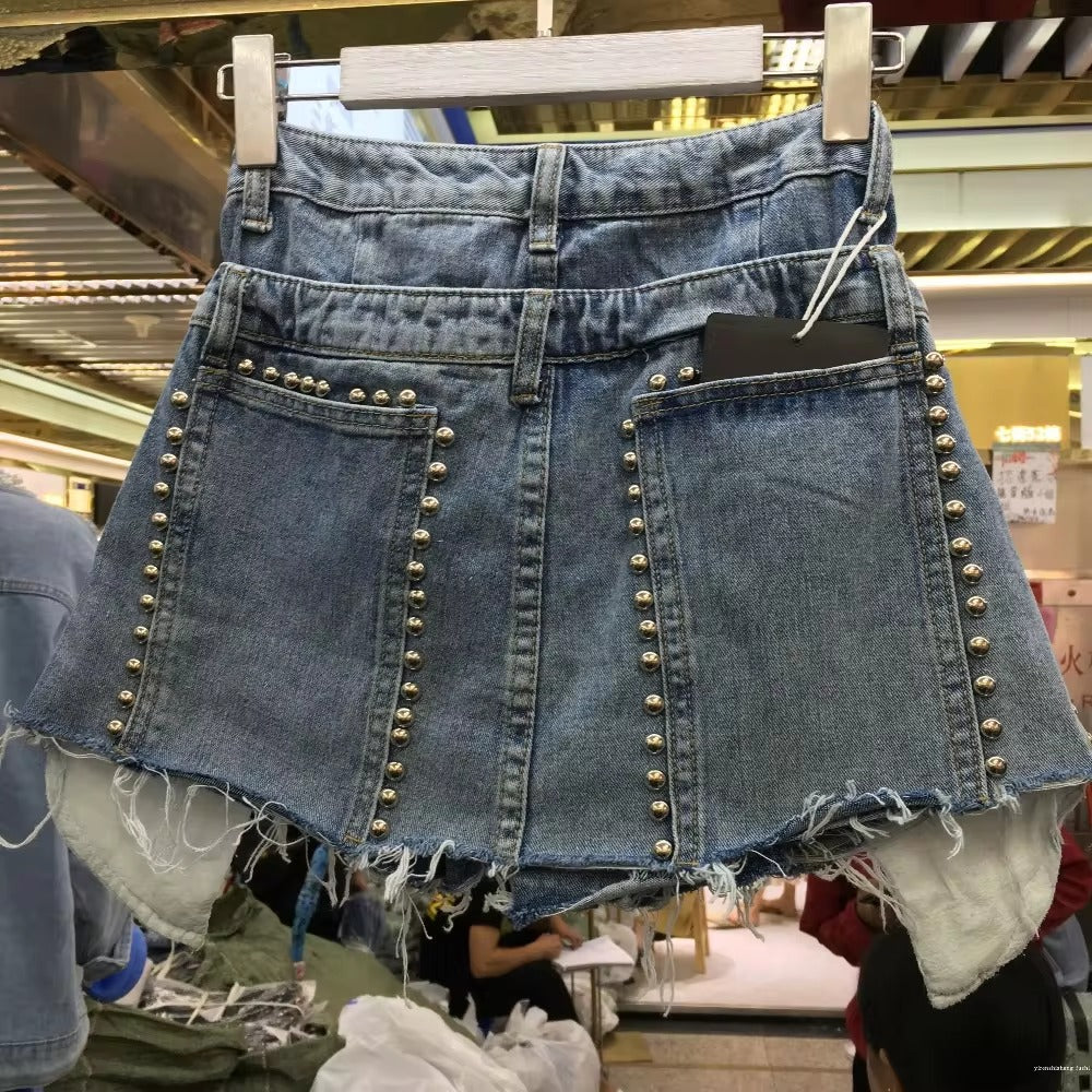 Trendy High Waist Fake Two Pcs Rivet Loose Wide Leg Short Mssza
