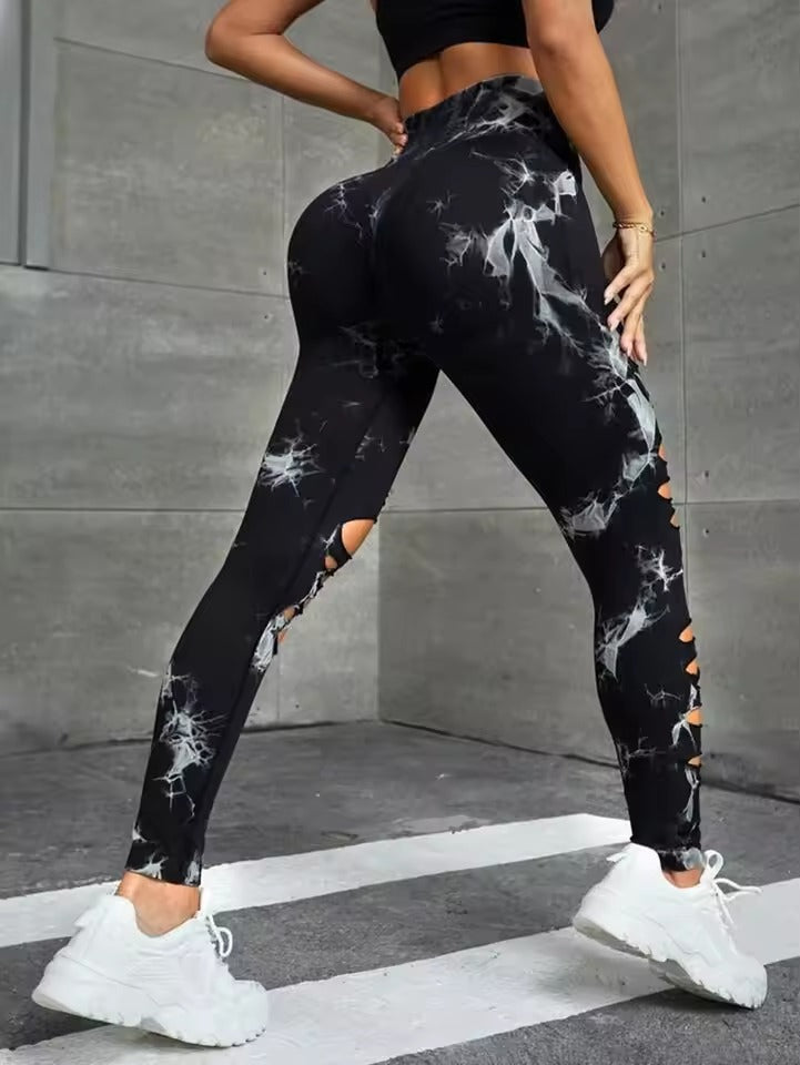 Trendy High Waist Hollow Out Tie Dye Stretchy Sports Leggings Mssza