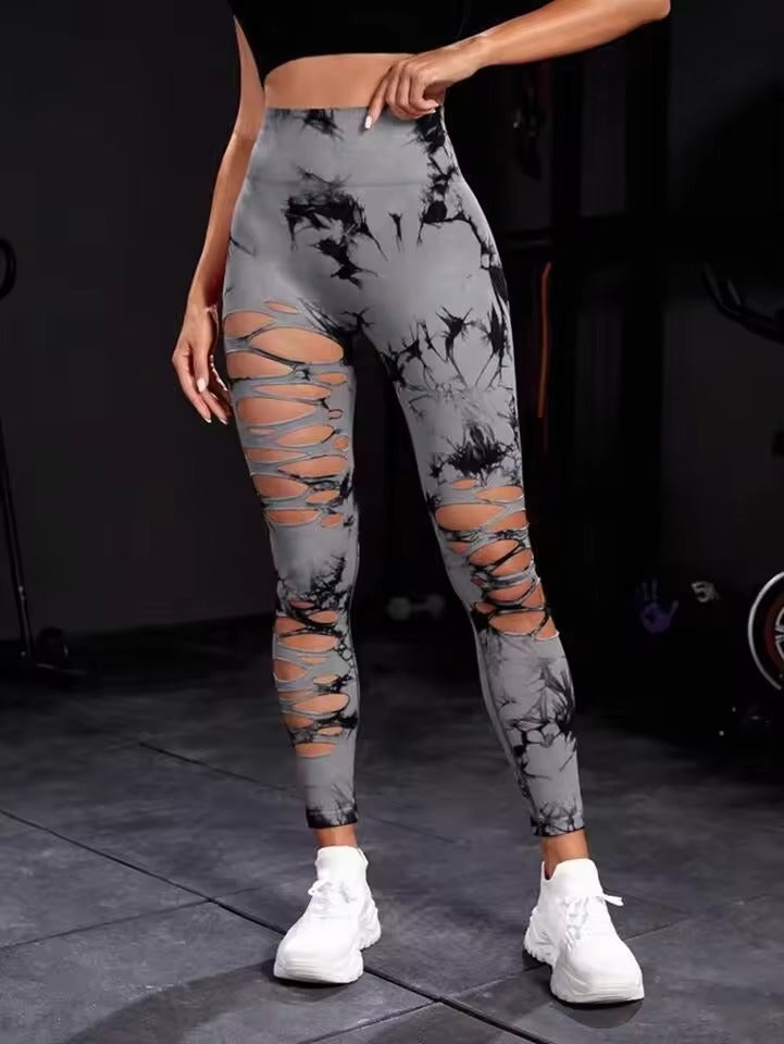 Trendy High Waist Hollow Out Tie Dye Stretchy Sports Leggings Mssza