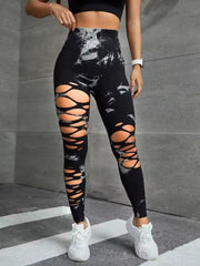 Trendy High Waist Hollow Out Tie Dye Stretchy Sports Leggings Mssza