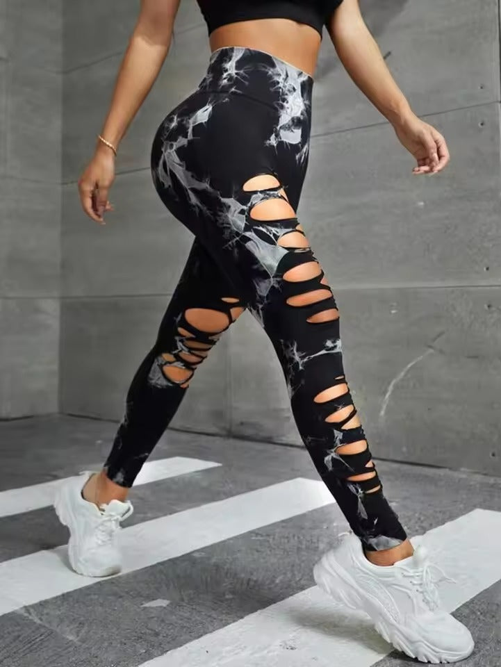Trendy High Waist Hollow Out Tie Dye Stretchy Sports Leggings Mssza