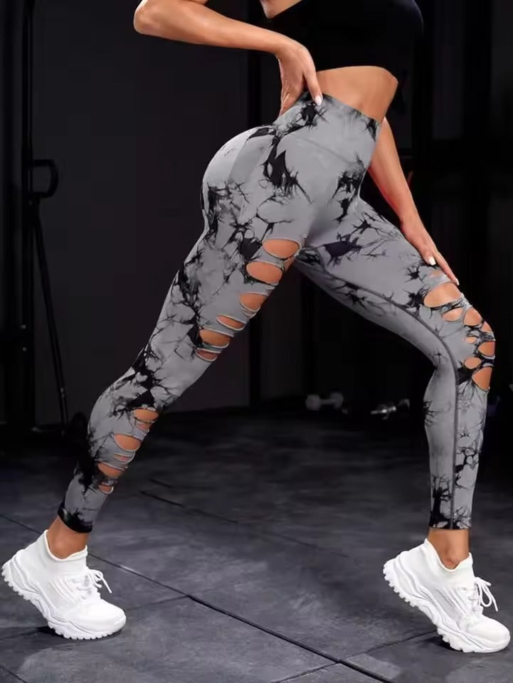 Trendy High Waist Hollow Out Tie Dye Stretchy Sports Leggings Mssza