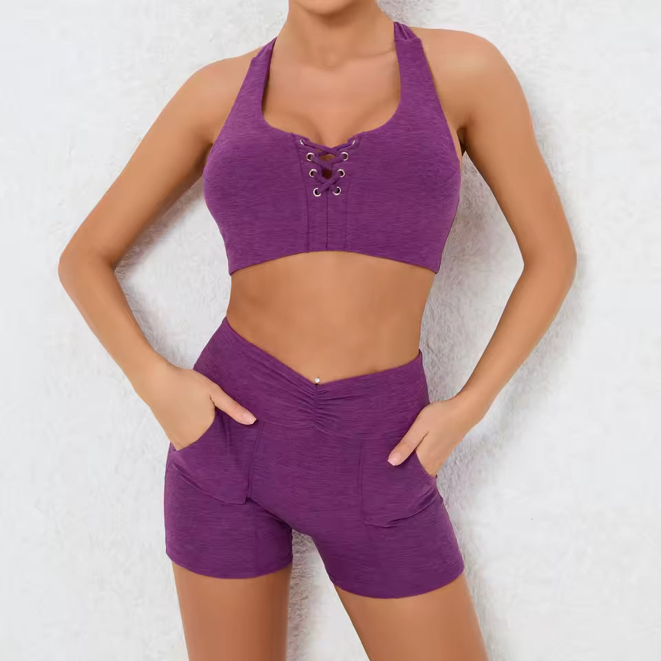 Trendy High Waist Pocket Shorts And Tight Backless Bra Gym Suits Mssza