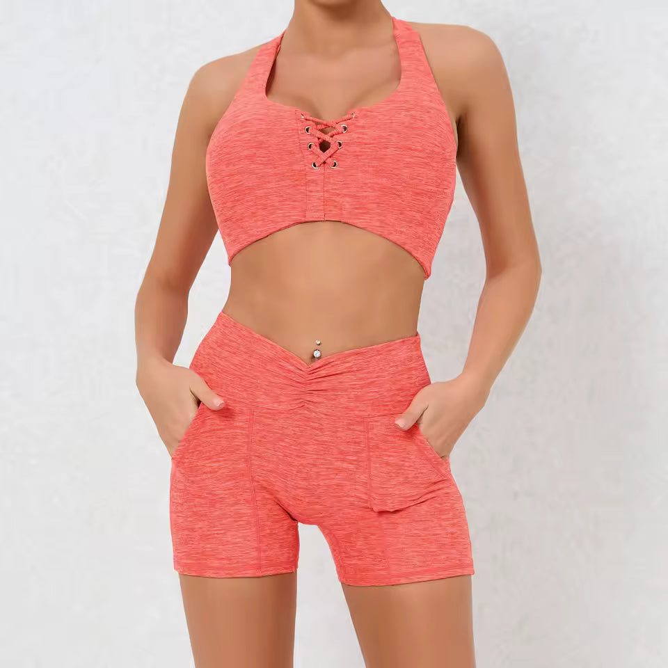 Trendy High Waist Pocket Shorts And Tight Backless Bra Gym Suits Mssza