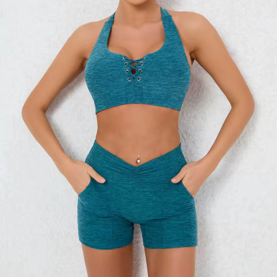 Trendy High Waist Pocket Shorts And Tight Backless Bra Gym Suits Mssza