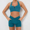 Trendy High Waist Pocket Shorts And Tight Backless Bra Gym Suits Mssza