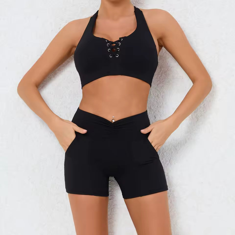 Trendy High Waist Pocket Shorts And Tight Backless Bra Gym Suits Mssza