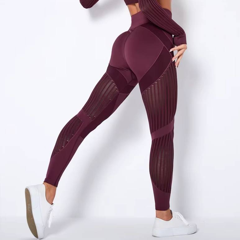 Trendy High Waist Stripe Seamless Elastic Tight Hollow Hip Lift Leggings Mssza
