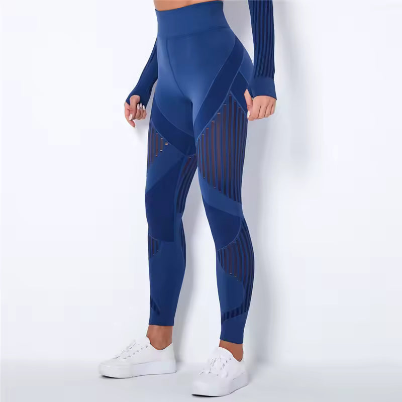 Trendy High Waist Stripe Seamless Elastic Tight Hollow Hip Lift Leggings Mssza
