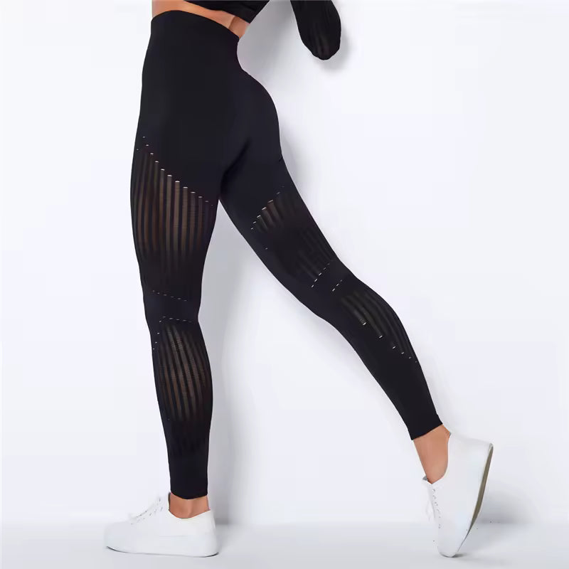 Trendy High Waist Stripe Seamless Elastic Tight Hollow Hip Lift Leggings Mssza