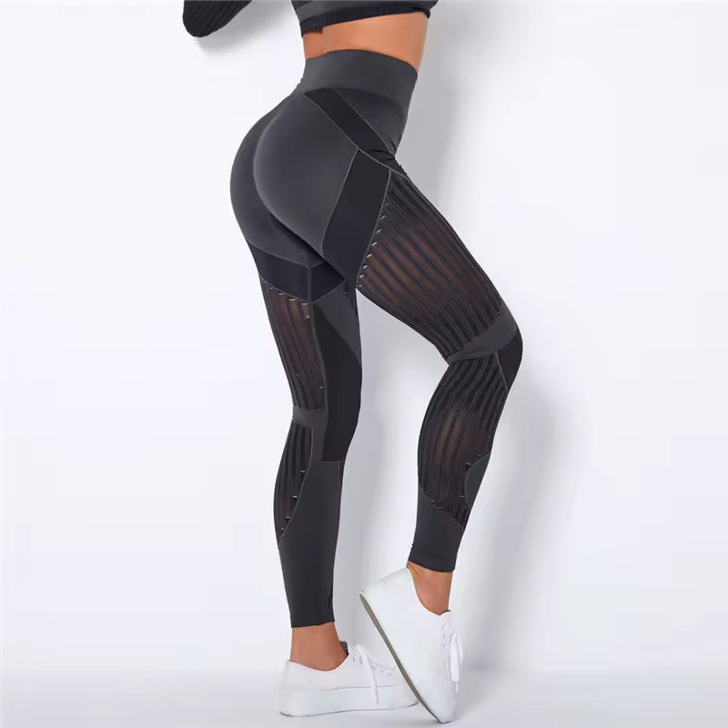 Trendy High Waist Stripe Seamless Elastic Tight Hollow Hip Lift Leggings Mssza